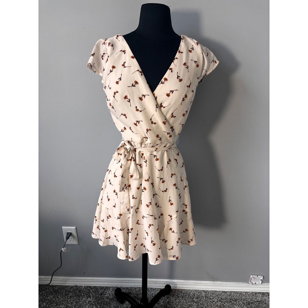 Trixxi Floral Mini Dress Wrap Front Short Sleeve‎ Casual Beige Size S